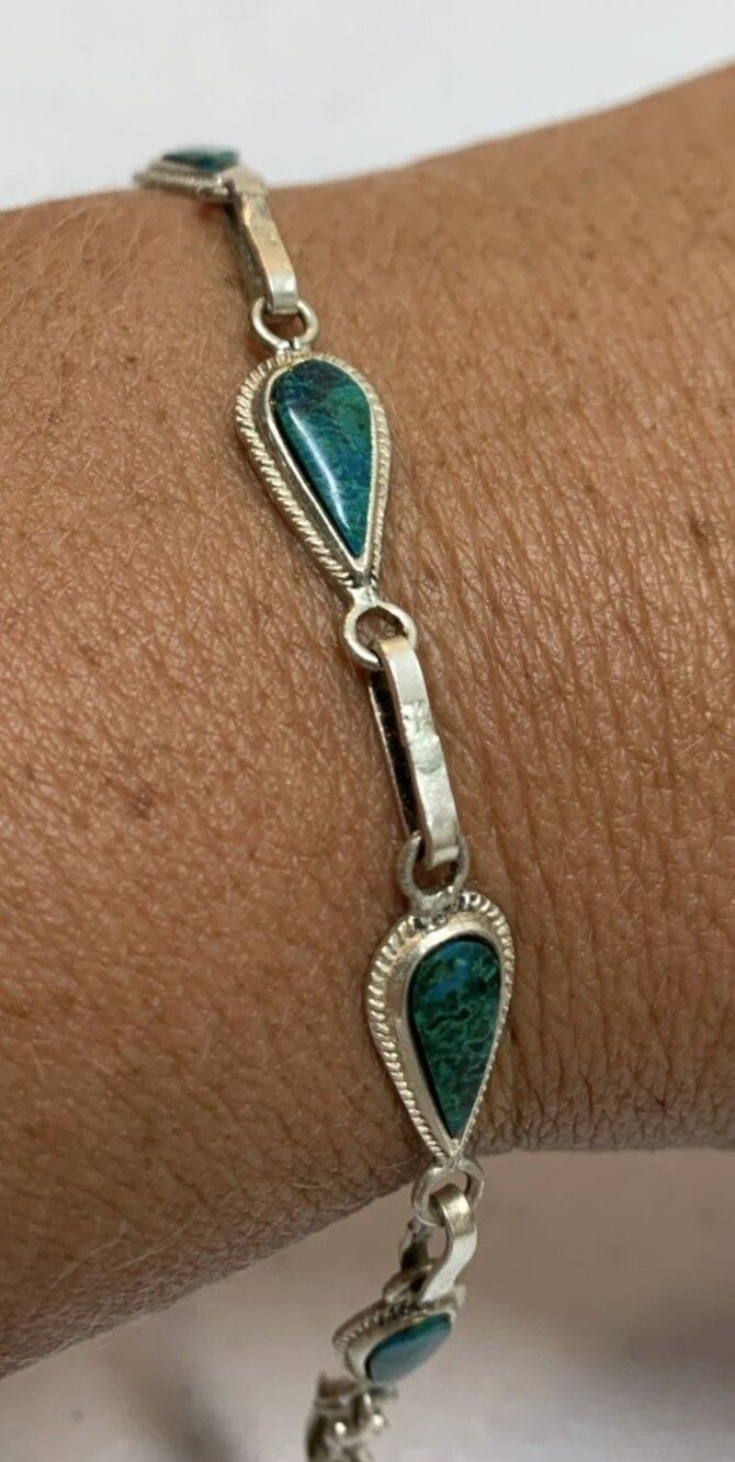 Vtg Sterling Silver Chrysocolla Or Malachite Bracelet Teardrop Roped Detail